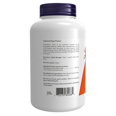 Now, Pantothenic Acid, 500 Mg, 250 VegCaps
