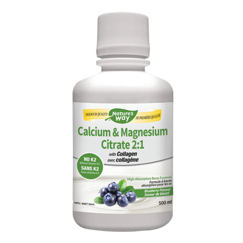 Calcium & Magnesium Citrate 2:1 with Vitamin K2 & Collagen Blueberry 16.9 Oz by Nature's Way