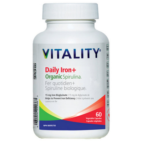 Daily Iron+Organic Spirulina 60 VegCaps by Vitality Products Inc.