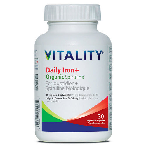 Daily Iron+Organic Spirulina 30 VegCaps by Vitality Products Inc.
