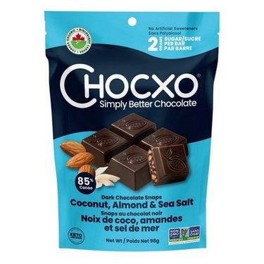 Chocxo, Keto 85% Dark Chocolate Coconut Almond Sea Salt Snaps, 98 Grams (Case Of 6)