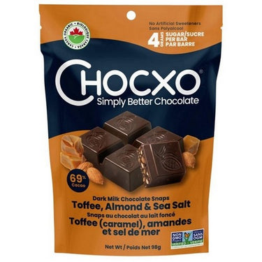 Chocxo, Organic 69% Cocoa Dark Milk Chocolate Snaps Toffee Almond And Sea Salt, 98 Grams (Case Of 6)