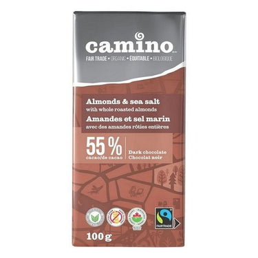 Camino, Organic Dark Chocolate Almonds And Sea Salt 55% Cocoa, 100 Grams (Case Of 12)