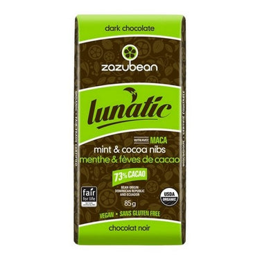 Organic Lunatic Dark Chocolate 73% Cacao Mint And Cocoa Nibs With Maca 85 Grams X 12 by Zazubean