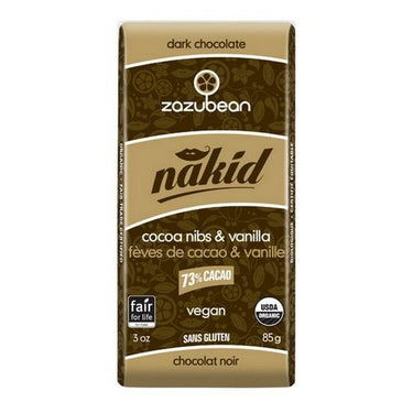 Organic Nakid Dark Chocolate 73% Cacao Cocoa Nibs And Vanilla 85 Grams X 12 by Zazubean
