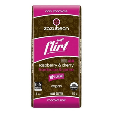 Organic Flirt Dark Chocolate 70% Cacao Raspberry And Cherry 85 Grams X 12 by Zazubean