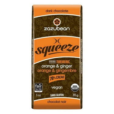 Organic Squeeze Dark Chocolate 70% Cacao Orange And Ginger 85 Grams X 12 by Zazubean