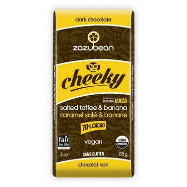 Organic Cheeky Dark Chocolate 70% Cacao Salted Vegan Toffee And Banana 85 Grams X 12 by Zazubean