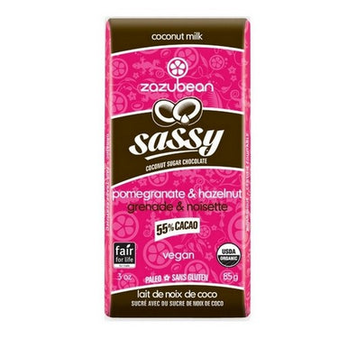 Organic Sassy Coconut Sugar Chocolate Pomegranate And Hazelnut 55% Cacao 85 Grams X 12 by Zazubean