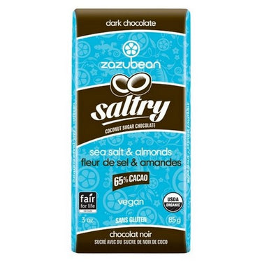 Organic Saltry Dark Chocolate With Coconut Sugar 65% Cacao Sea Salt And Almonds 85 Grams X 12 by Zazubean