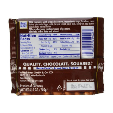 Milk Chocolate With Whole Hazelnuts Candy Bar 100 Grams (Case Of 10) by Ritter Sport
