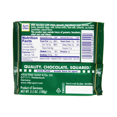 Milk Chocolate With Whole Almonds 100 Grams (Case Of 11) by Ritter Sport