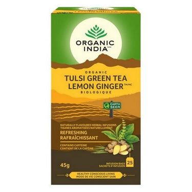 Organic Herbal Infusions Tulsi Green Tea Lemon Ginger 25 Bags (Case Of 5) by Organic India