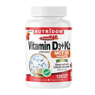 Vitamin D3+K2 with MCT Oil 120 Softgels by Nutridom