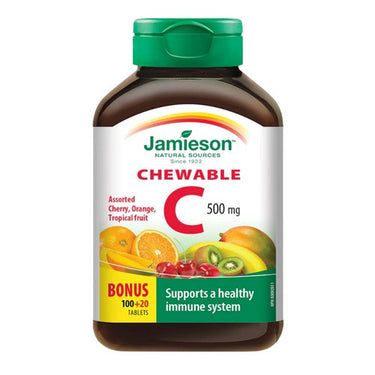 Jamieson Vitamins, Chewable Vitamin C Mixed 3 Flavours Cherry, Orange, Tropical Fruit Bonus Size, 500 Mg, 120 Chews