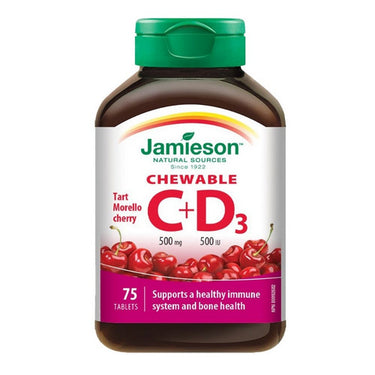 Jamieson Vitamins, Chewable Vitamin C + D3 500 IU Tart Morello Cherry, 500 Mg, 75 Tablets