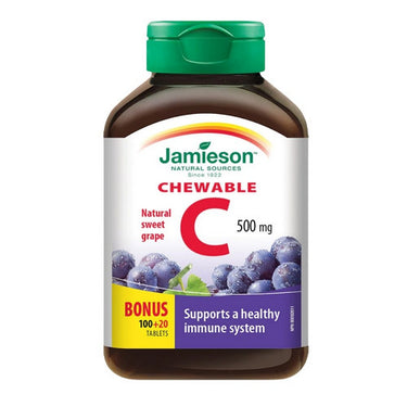 Jamieson Vitamins, Chewable Vitamin C Natural Sweet Grape Bonus Size, 500 Mg, 120 Chews