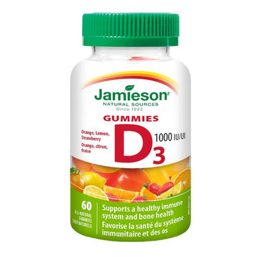 Jamieson Vitamins, Vitamin D3 Gummies 1,000 IU Orange, Strawberry, Lemon, 60 Gummies