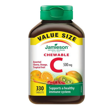 Jamieson Vitamins, Chewable Vitamin C Mixed 3 Flavours Cherry Orange Tropical Fruit Value Size, 500 Mg, 330 Tabs