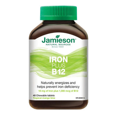 Jamieson Vitamins, Chewable Iron Plus B12 Tropical Mango Lime, 45 Chews