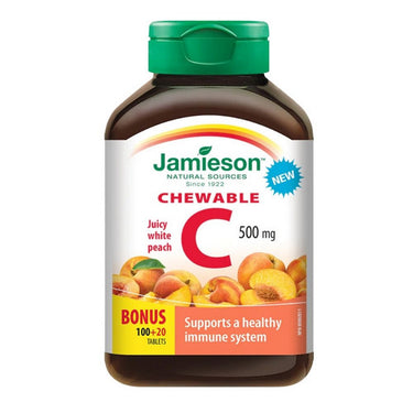 Jamieson Vitamins, Chewable Vitamin C Juicy White Peach, 500 Mg, 120 Chews