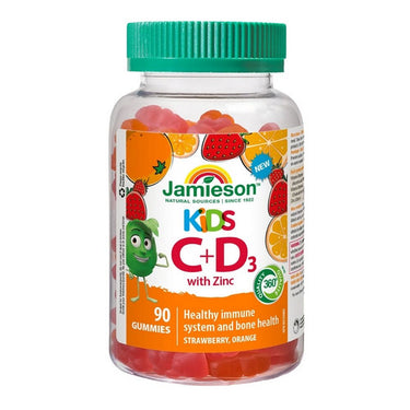 Jamieson Vitamins, Kids Vitamin C + D With Zinc Mixed 2 Flavours Strawberry Orange, 90 Gummies