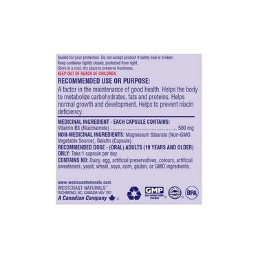 Westcoast Naturals, Niacinamide Capsule, 500 Mg, 90 Softgels