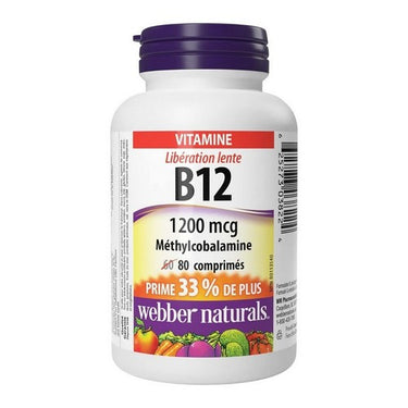 Webber Naturals, Vitamin B12 Methylcobalamine Timed Release, 1200 Mcg, 80 Tabs