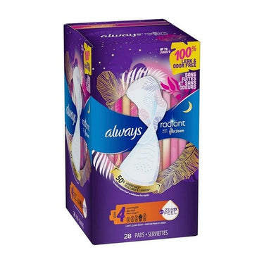 Radiant Overnight Sanitary Pads With Wings Scented Size 4 28 Count by Always