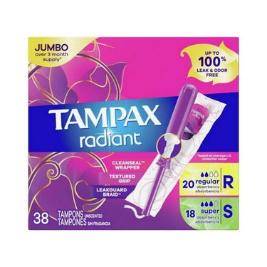 Radiant Duopack Regular Super Absorbency Unscented Plastic Tampons 38 Count by Tampax